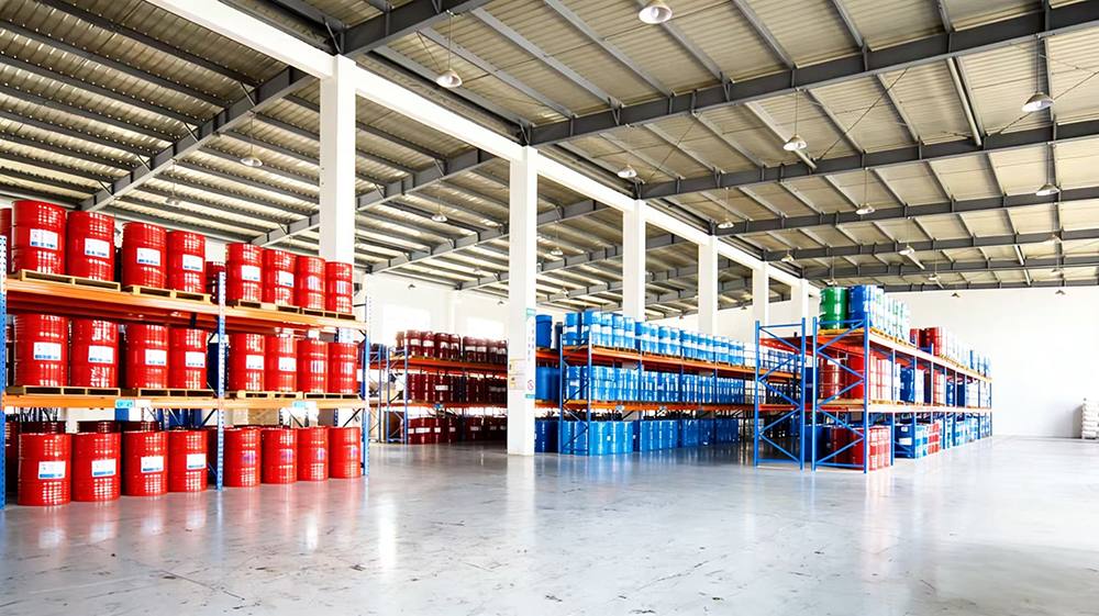 Polyurea materials warehouse with drums and storage racks at BW Polyurea