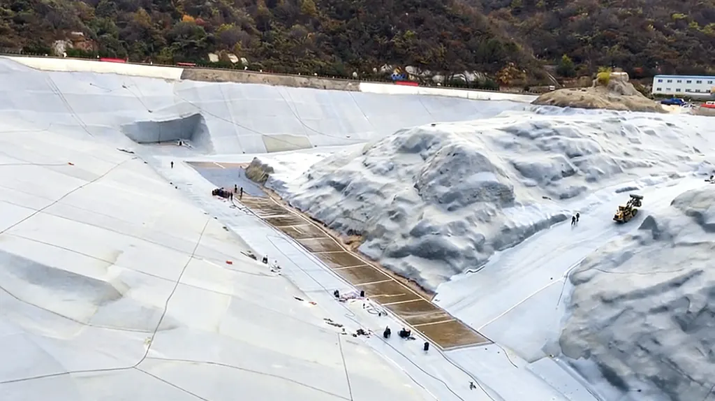 宽阔的水库表面，带有倾斜的混凝土板和细节工作
